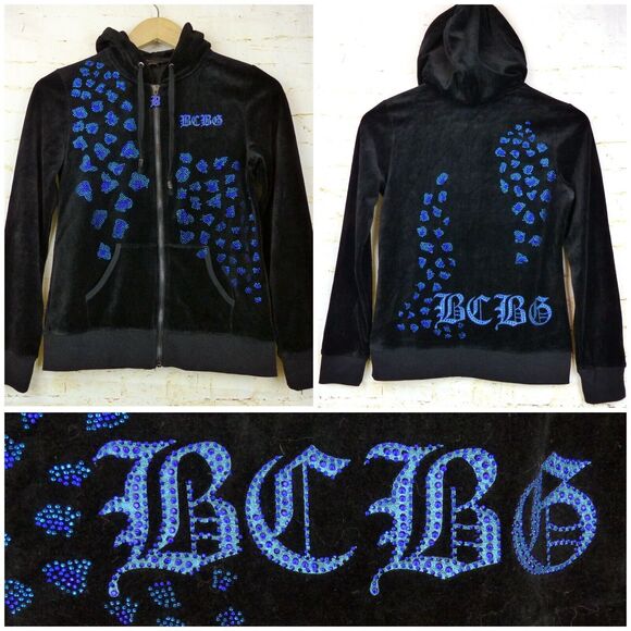 Vtg BCBGMAXAZRIA Y2K Velour Hoodie Track Jacket S Black Rhinestone Animal Spots - Picture 1 of 14